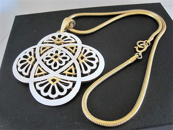 Crown Trifari Necklace, White Pendant, Gold Chain, Decorative Enamel