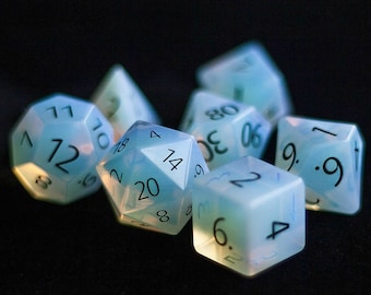 ENGRAVED Opalite Gemstone Polyhedral Dice Set: Hand Carved with Quality! Full-Sized 16mm. Great for DnD RPG Dungeons and Dragons