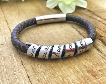 Stamped Secret Message Leather Bracelet, Mens Scroll Bracelet, Mens Leather Bracelet, Father's Day Gift