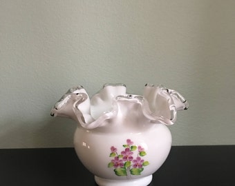 Elegant Vintage Fenton Silver Crest Violets in the Snow Double Ruffle Bowl Hand Painted