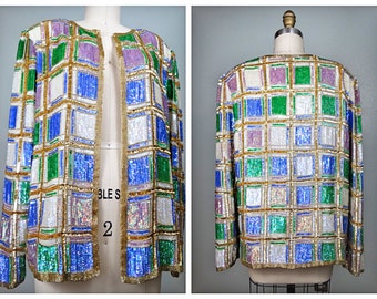Color Block Sequin Jacket / Retro Bright Iridescent Blue Purple Green Sequined Blazer Jacket