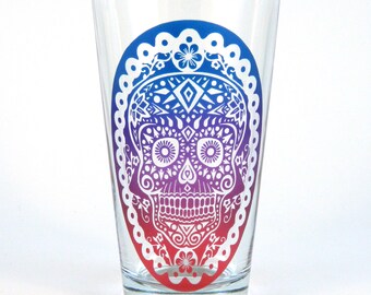 Sugar Skull Pint Glass - Day of the Dead - Dia de los Muertos - Etched Glassware - Custom Painted Beer Glass - Made to Order
