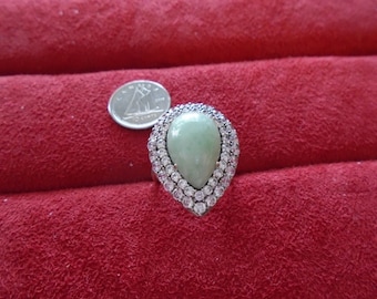 Jade & CZ Tear Drop Sterling Silver Ring Sz 7