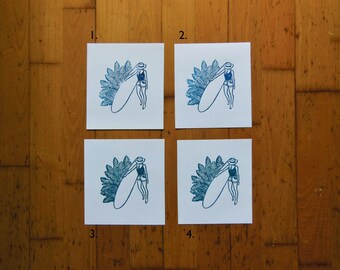 linocut black and white palms surf girl