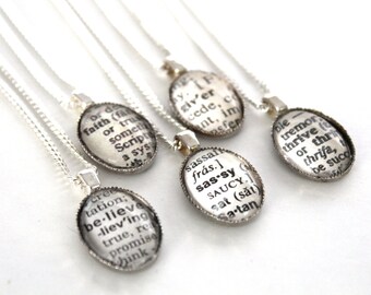 Word of the year Vintage Dictionary Necklace, Book Page Jewelry, Custom Word, Wedding Party Gifts