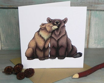 Bear Couple Illustration Square Greeting Card - 280gsm White Card 150 x 150mm Blank Inside with Brown Recycled Envelope