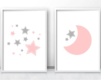Moon And Stars Nursery Prints, Printable Nursery Art, Pink Gray Nursery Decor, Baby Girl Prints, Baby Wall Art, Set Of Prints For Nursery