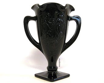 Vintage LE Smith Black Amethyst Trophy Vase Dancing Nymph Girls Loving Cup Purple Plum Glass