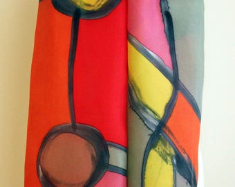 Hand Painted Silk Scarf. Hand Painted Silk Shawl. 71x18 in. Wedding Gift. Giveaways. Ooak scarf. Orange-Brown-Pink-Red silk scarf.
