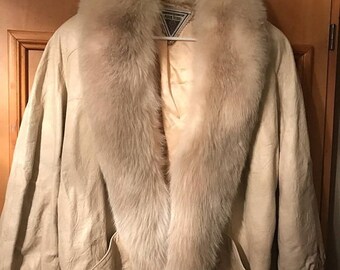 SALE SALE SALE Marvin Richards J Percy coat jacket size large Ivory leather fox fur trim 1980s