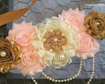 Blush Pink Gold Ivory Maternity Sash, Girl Maternity Sash, Pink Maternity Sash, Maternity Belt, Pregnancy Sash, Flower Sash, Pink Gold Ivory