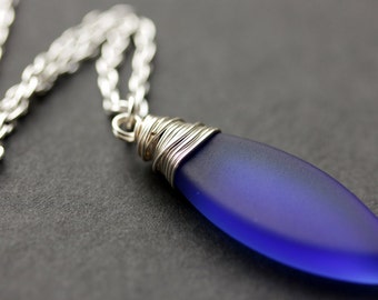 Cobalt Seaglass Necklace. Blue Necklace. Cobalt Blue Frosted Glass Necklace. Marquis Necklace in Silver. Handmade Jewelry.