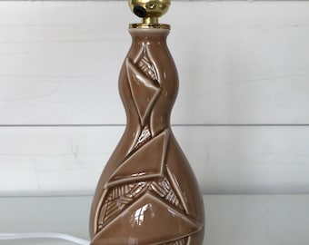 Mid Century Modern Atomic Lamp Ceramic Brown Tan Small Table Lamp