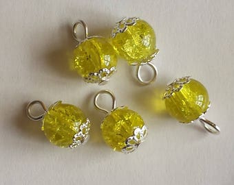 5 pendants 8mm yellow Crackle glass beads