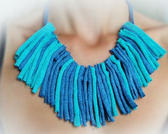 boho,chick,necklace,fabric necklace,turquoise,blue,cloth,upcycled, up cycled and new materials,handmade,cotton,string