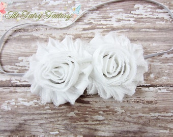 White Flower Headband, Chiffon Rosettes Duo Headband or Hair Clip, Baptism, Christening, Newborn Baby Infant Toddler Child Girls Headband
