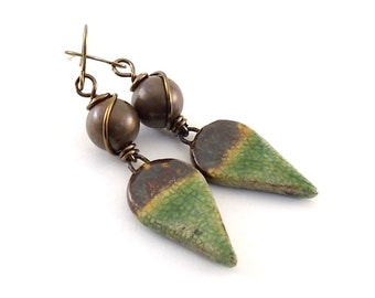 Handmade Earrings, Ceramic Earrings, Rustic Green and Brown Earrings, Artisan Earrings, Boho Earrings, Antique Brass Earrings, Bronze, AE100