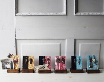 ONE Earring Display Card with Wood Holder - Goldenrod w Pattern - Red Marble - Blue Marble - Colorful Jewelry Display Reversible Repurposed
