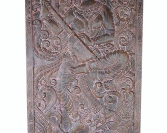 INDIAN Vintage Hand Carved Wall Sculpture Goddess Of Knowledge Artisan Handcrafted Wall Door Panel Home Decor