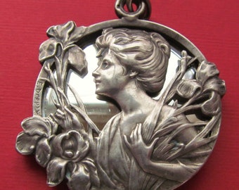 Art Nouveau French Silver Slide Mirror Locket Antique Lady With Iris Pendant Signed E Dropsy
