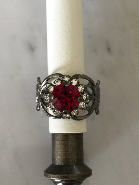 Swarovski Ruby Filigree Ring, Red Crystal Ring, Swarovski Ruby Crystal Ring