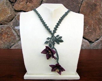 Lilac crochet,Lilac Crochet Flower Necklace, Purple Flower Necklace,Crochet Necklace,Burgundary Necklace, Statement Necklace, Plum Necklace