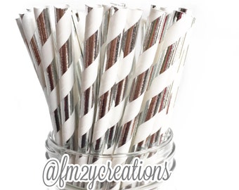 FOIL SILVER Paper Straws, 25 Metallic Silver Foil Stripe Straws, SILVER Weddings, 25th Birthday Party, 25th Wedding Anniversary Diy Flags