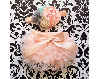 Baby Girl Ruffle Bottom Bloomer & Headband Set - Peach Ruffle Bloomer- Newborn Photo Set - Infant Bloomers - Diaper Cover - Baby Gift-