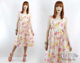Handmade Dress White Dress Boho Dress Hippy Dress Hippie Dress Festival Dress Side Ties Dress Vintage 70s Handmade Floral Summer Dress