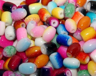 100 glass two-tone beads 10x8mm oval rice and MIX M00103 multicolor cylinder