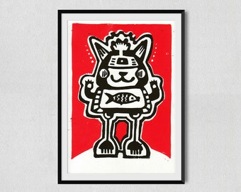 Cat-Fish Linocut Black & Red (148x210mm)