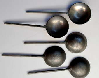 Antique Pewter Colonial Spoon Set of Five with Ore Angel Michael Stamped Mark