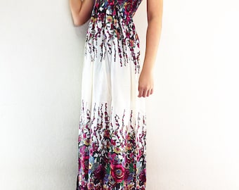 Women Maxi Dress Gypsy Dress Boho Dress Hippie Dress Summer Beach Dress Long Dress Party Dress Clothing Flower Printed Cream (DL8)