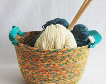 Fabric Coiled Clothesline Basket with Leather Handles / Rope Coiled Basket / Extra Large Oval Fiesta by PrairieThreads
