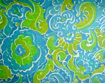 Vintage Vintage Silk Fabric Turquoise and Green 1960s Flower Power Print Dupioni by the Half Yard