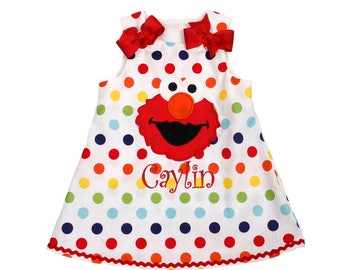 Girls Elmo Aline dress Sesame Street Elmo dress Elmo dress birthday girl dress girl applique Elmo Girl birthday dress girl name dress