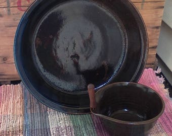 Rustic brown low serving bowl set - ceramic plate set - cheese bowl - shallow pottery dish - modern ceramic serving plate - brpl09