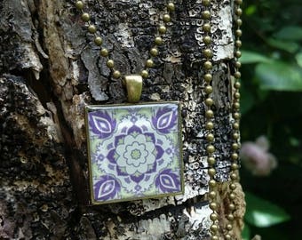 Square purple and green 'Arabesque' resin pendant. Resin Necklace, Resin Jewellery, boho.