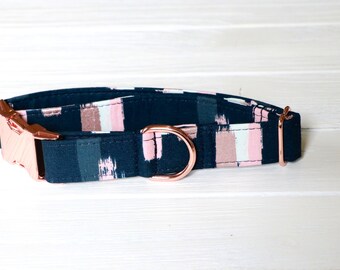Gold Rose in Navy Blue with Pink Stripes, gold rose collar, girl dog collar, dog collars, handmade dog collar, girl dog collars, girl dogs