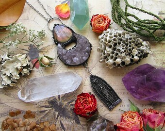 Statement Necklace "Praying Goddess" with labradorite, amethyst cluster crescent, and rustic pendant. Custom length stainless steel chain.