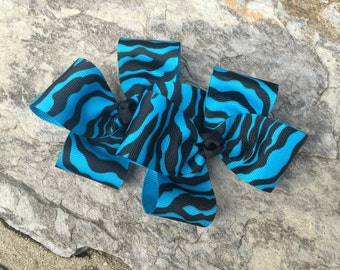 Large Blue Zebra Striped Hair Bows,Pigtail Hair Bows,French Barrettes or Alligator Clips,4-4.5 Inches Wide