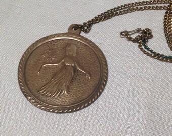Vintage Brass Medallion Pendant Necklace Girl With Branch