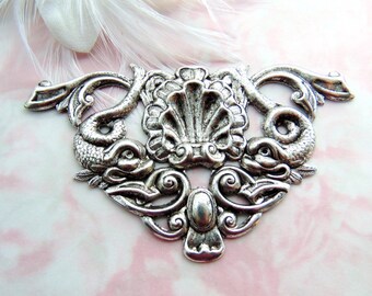 Antique Silver Sea Monster Large Shell Motif Asian Koi Stamping ~ Jewelry Finding (FC-7)