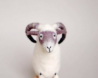 Felt Ram - Richard. Felted Sheep Art Marionette Handmade Puppet for kids Felted Waldorf Organic Toy Farm animal. white grey purple violet.
