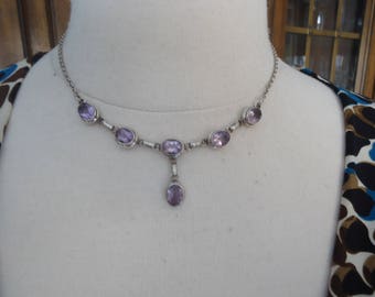 Vintage 925 Sterling Silver Amethyst Bib Style Necklace 16" Long