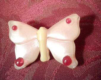 Cute vintage plastic celluloid? 1950s 60s butterfly brooch with red cabachon