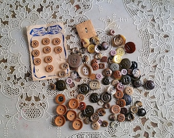 Vintage Brown and Tan Button Assortment Wood Leather