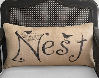 Nest - Burlap Pillow - Feedsack Pillow - Nest Pillow - Bird Nest - Lumbar Pillow