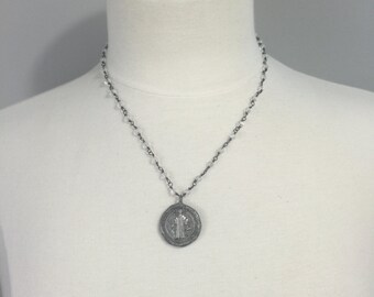 Crystal beaded necklace with soldered St Benedict metal