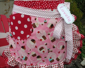 Womens Aprons - Pink Cherry Aprons - Cupcake and Cherries Aprons - Pink Cupcake Aprons - Annies Attic Aprons - Aprons with Cherry Fabrics